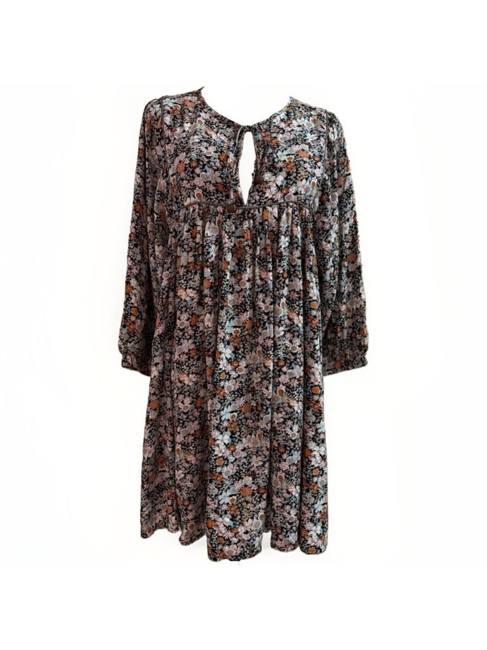 Natural Life Babydoll Mini Dress Size S Black Ditsy Floral Tassel Boho Cottage